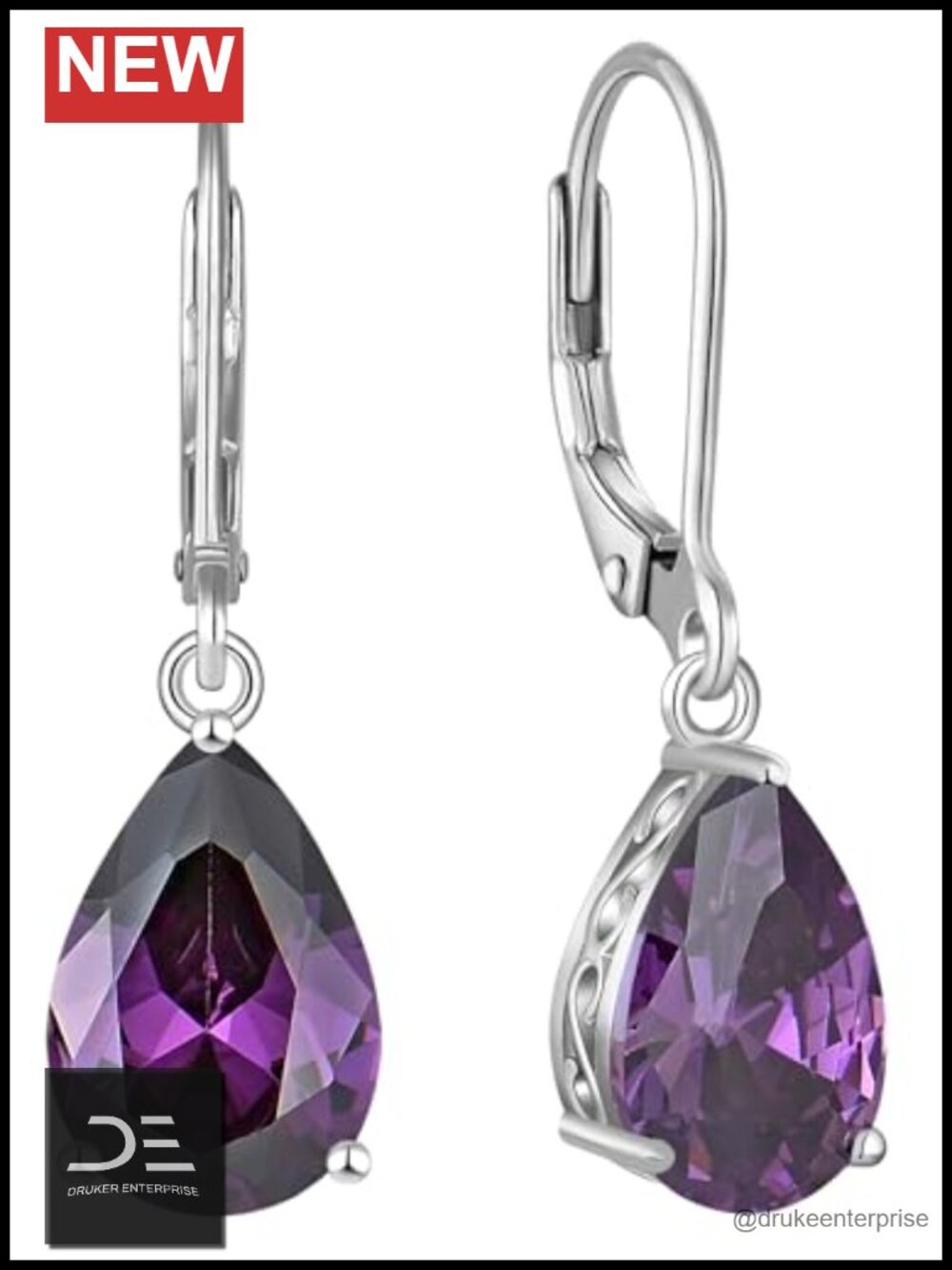 925 Sterling Silver Teardrop Dangle Drop Earrings Leverback 30mm Amethyst